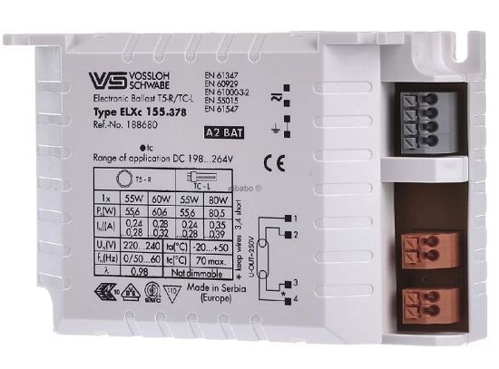 ����������� ����������������� ������� (����/ ��������/ �������) ELXc 155.378 188680 ��� ��������������  ���� TC-L 1��. *55/80W, T-R5 1��.*55/60W, ������:123*79*33 ��. Vossloh-Schwabe. Ref. � 188680.92