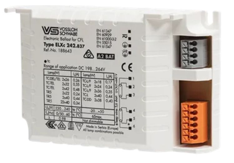 ����������� ����������������� ������� (����/ ��������/ �������) ELXc 242.837 188643 ��� ���������� �������������� ���� (���) TC-L/F 2*18/24/36, TC-L 2*40W, T-R5 22+40W/2*22/40W, TC-DEL/TEL 2*26W, TC-TEL 2*32/42W, TC-DD 2*38W. Vossloh-Schwabe. Ref. �188643
