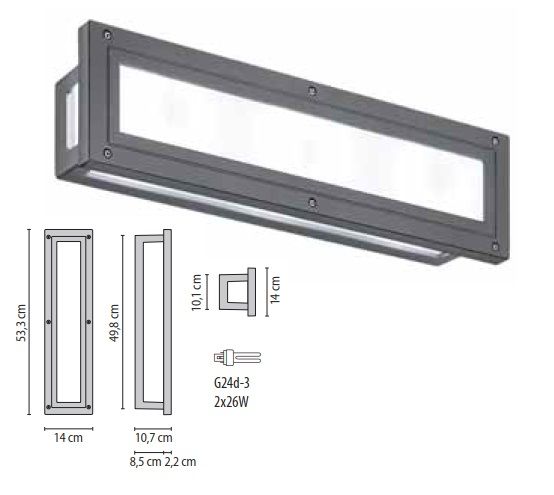 ���������� 007064 KATA 500 2*26W MAT MET. GREY ���������, IP54, ���� ����� ��������, 533*140*107mm. PRISMA (PERFORMANCE iN LIGHTING), ������