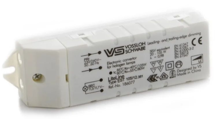 ����������� ������������� EST 105/12.381 186077 ��� ���������� ���� (���) 20-105W, 12V, ����������: 128*37*28mm. Vossloh-Schwabe. �������: TCI 119816 WU 105 2C-07 D 