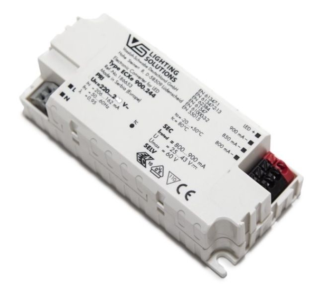 ������� (���� �������) 186653 ECXe 900.244 ����������������� �� ����, �������������: 800mA, 850mA, 900mA, 25-43V (out DC), 20-39W ��� LED (������������) ������������, 97*43*33mm, IP20. Vossloh-Schwabe