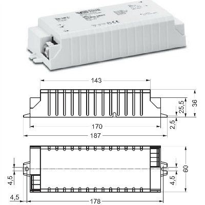 ������� (���� �������) 186175 ECXe 350.015 ����������������� �� ���� 350mA, 40-115V (out  DC), 14-42W ��� LED (������������) ������������, 187*60*36mm, IP20. Vossloh-Schwabe